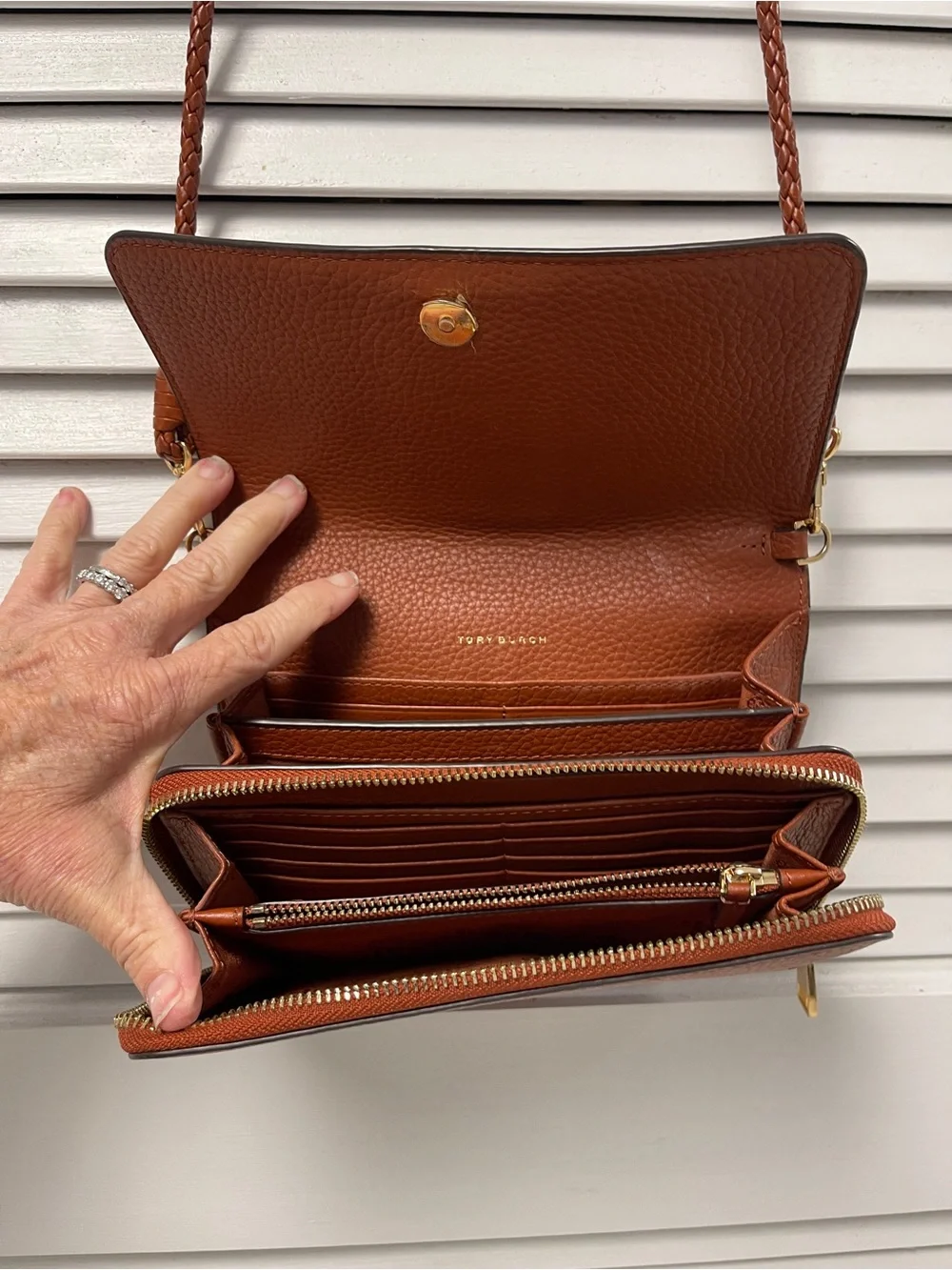 Tory Burch Cognac Pebbled Leather Crossbody Bag with Braided Strap